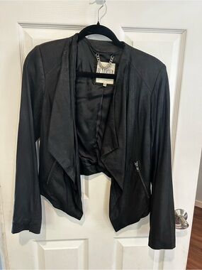 BB Dakota Black Draped Faux Leather Jacket Size Med
